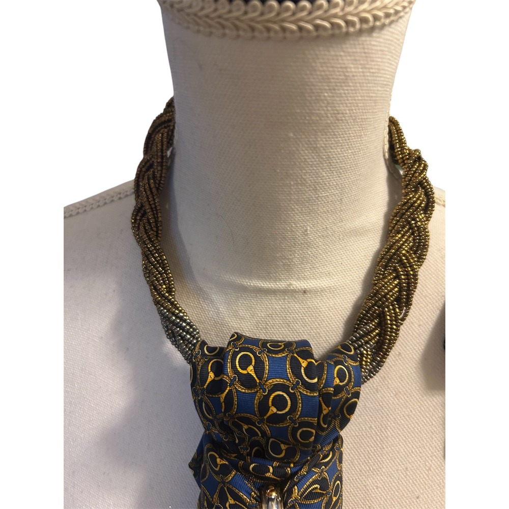 Club Room Silk Tie Horse Necklace Western Equestrian Blue Gold Crystal Brooch - Picture 11 of 12